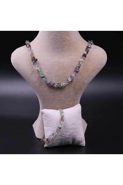MYTAKIAĞACIMFH Fluorite Stone Unshaped Broken Stone Necklace Bracelet Set (with Chain Extension)