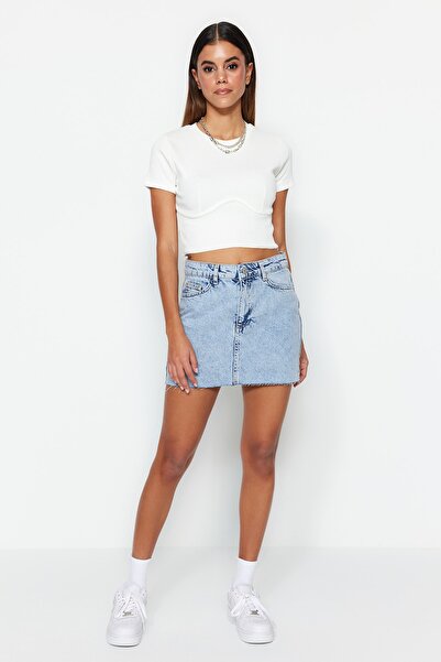 Trendyol Collection Fustă albastră din denim cu talie înaltă, cu detalii cu picior mini TWOSS23ET00114