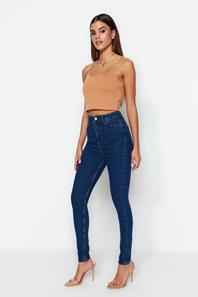 Trendyol Collection Tmavě modré elastické skinny džíny s vysokým pasem TWOSS23JE00075