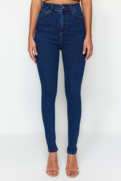 Trendyol Collection Tmavě modré elastické skinny džíny s vysokým pasem TWOSS23JE00075