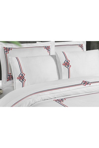 Silkarea Ionia 100% Cotton Satin Duvet Cover Set King Size, Elastic, White Navy Blue-Red Embroidered