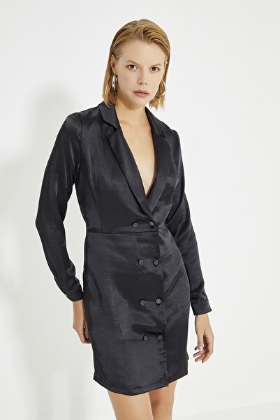 Just Like You Siyah Kruvuze Saten Uzun Kol Midi Elbise