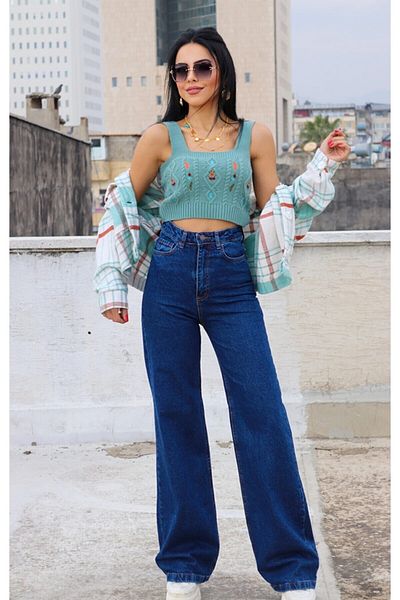 DRC trend Blue's Mid Dark Blue Lycra Pantaloni palazzo largi cu talie super extra înaltă