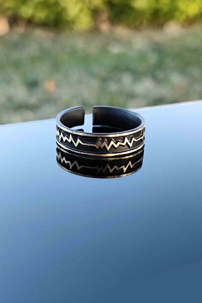 TREND COLLECTİON Nabız Kalp Ritmi Siyah Alyans Model Ayarlanabilir Unisex Yüzük