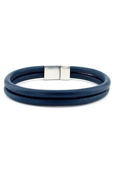 Solfera Navy Blue Two Rows Real Leather Metal Magnet Men's Bracelet M015k