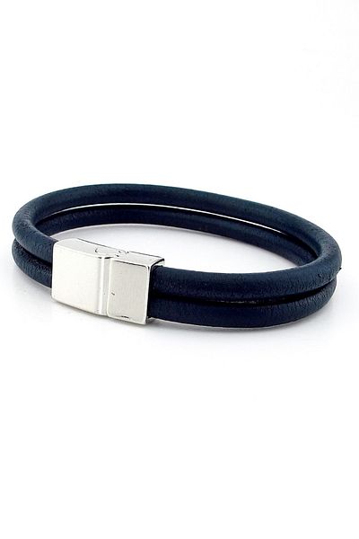 Solfera Navy Blue Two Rows Real Leather Metal Magnet Men's Bracelet M015k