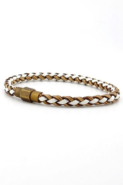 Solfera White Tan Cable Leather Braided Hexagonal Clip Men's Bracelet M042c