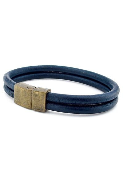 Solfera Navy Blue Two Rows Real Leather Bronze Magnet Men's Bracelet M015p