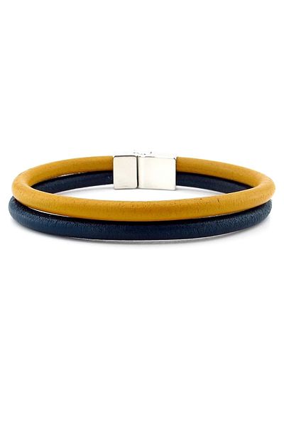 Solfera Yellow Navy Blue Real Leather Two Rows Metal Men's Bracelet M016m