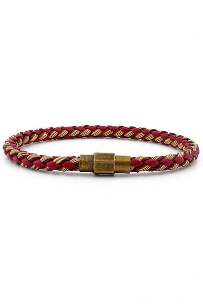 Solfera Red Tan Cable Leather Braided Hexagonal Clip Men's Bracelet M042a