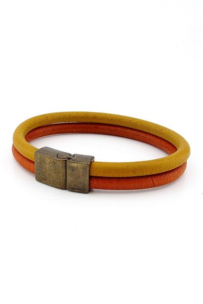 Solfera Yellow Red Tan Original Leather Two Rows Metal Men's Bracelet M016s