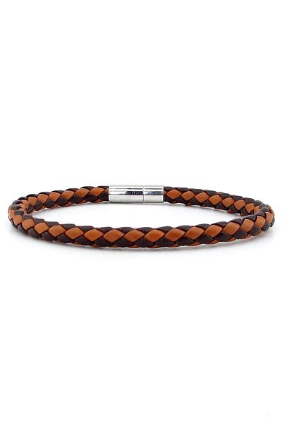 Solfera Tan Brown Cross Braid Leather Metal Clip Men's Bracelet M041e