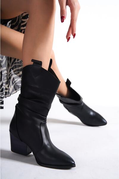 EnitMall Kadın Cilt Kırışık Sivri Burun Topuklu Çizme