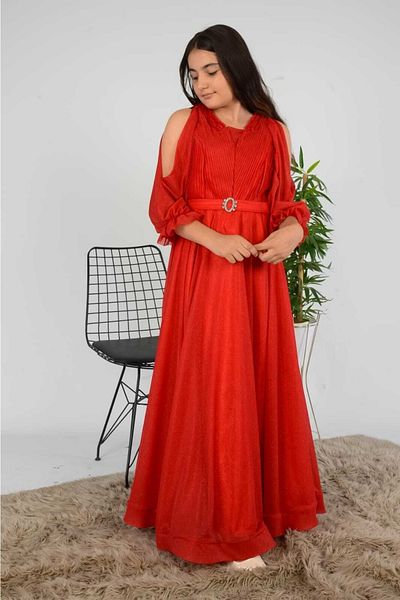 RAMON&ARTOS Off Shoulder Sleeve Dream Tulle Frilly Brooch Buckle Detailed Graduation Princess Model Evening Dress