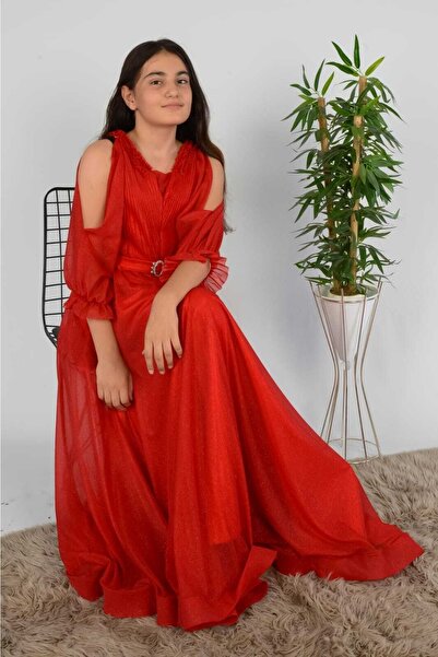 RAMON&ARTOS Omuz Koldan Açıklı Hayal Tül Fırfırlı Broş Toka Detaylı Mezuniyet Prenses Model Abiye