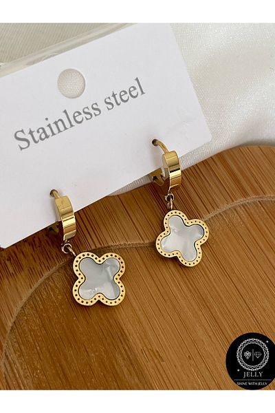 JELLY Women's Steel Gold Color White Pearlescent Clover Brand Model Dangle Earrings
