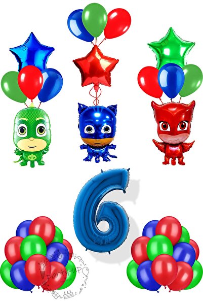 PARTİAVM 3lü Pijamaskeliler Balon Seti Pjmasks Kedi Çocuk Baykuş Kız Kertenke...