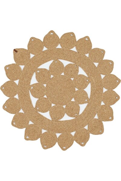 TurQhouse Doğal Hasır Halı Gül Desenli Jüt El Örmesi Bej Kilim Lıma Koleksiyonu