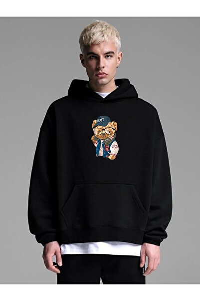 FAVORİST سويت شيرت أسود مطبوع بقصة عادية تيدي كول