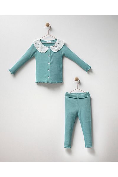 Magu Girl Child Green Baby Collar Cotton Sweatshirt Leggings Bottom-Top Set