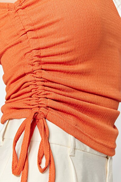 Trendyol Collection Light Orange Gathering Detailed Wrinkled Fabric Crop Knitted Blouse THMSS22BZ1016