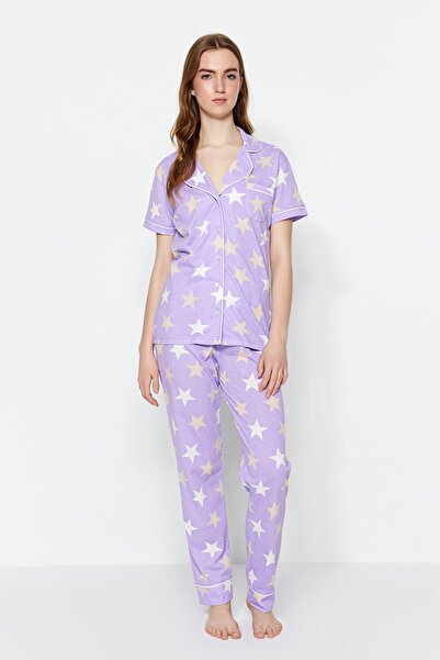 Trendyol Collection Lila csillag ing-nadrág kötött pizsama szett THMSS21PT0786