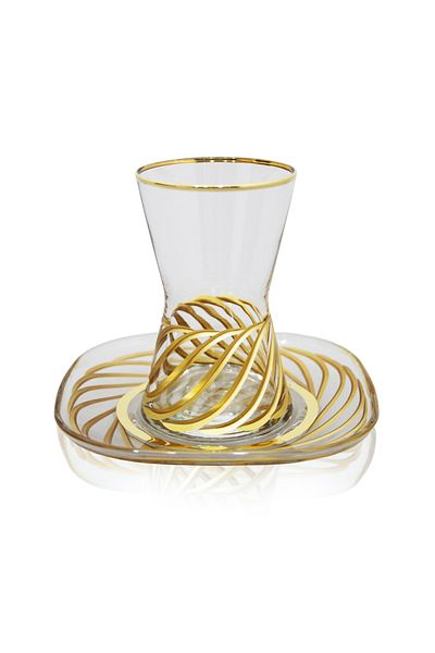 DECOSTYLE Paşabahçe Tea Glass and Tea Coasters Meltem Gold 12 Pieces for 6 People