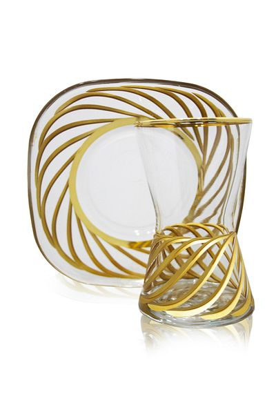 DECOSTYLE Paşabahçe Tea Glass and Tea Coasters Meltem Gold 12 Pieces for 6 People