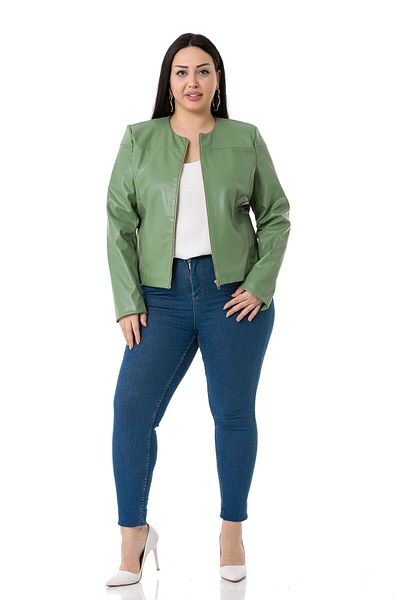 DISENTIS MODEST Large Size Zipper Detailed Lined Green Short Leather Coat