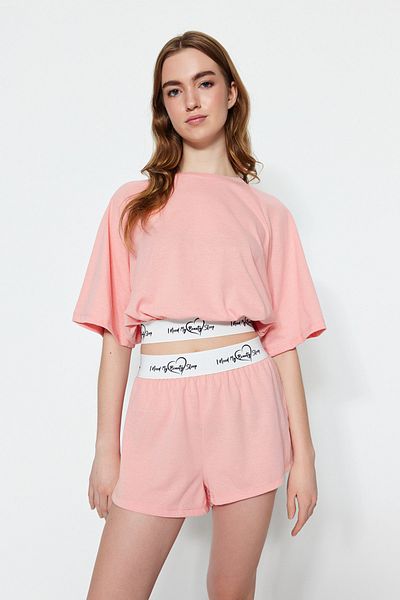 Trendyol Collection Βαμβακερό ανοιχτό ροζ σύνθημα ελαστικό σορτς πιτζάμες - THMSS23PT00154