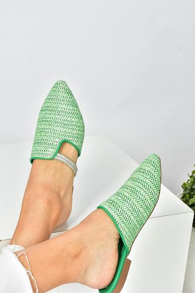 Fox Shoes Green Straw Stone Detailed Women's Slippers P820031417