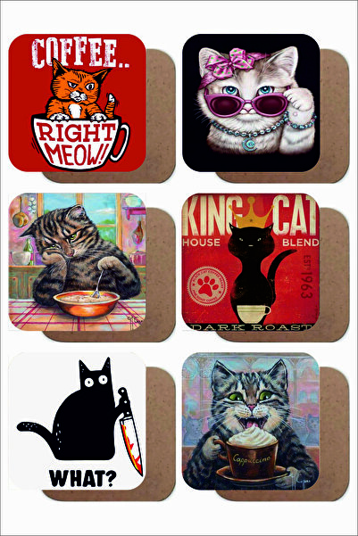 UNT طقم قاعدة أكواب خشبية بتصميم قطة مكون من 6 قطع