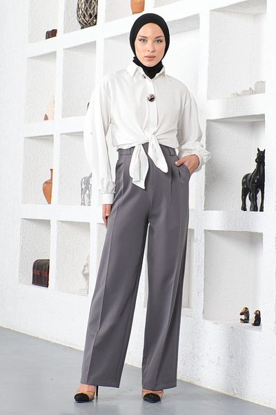 Modamihram Wide Leg Fabric Trousers Anthracite 6056