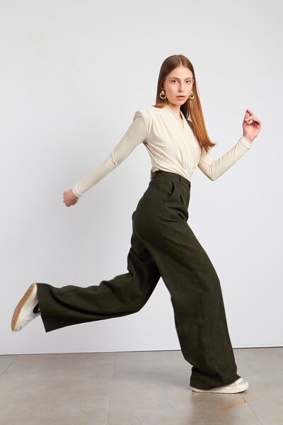 Ortaya Çık Khaki Stash Fabric Pleated Palazzo Trousers