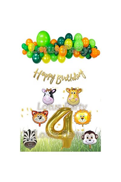 LOTUS PARTY 4 Year Old Safari Themed Birthday Set (6 Animal Head Foil Balloon Happy Banner - Number Foil Balloon)