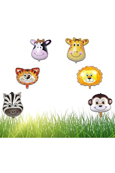 LOTUS PARTY 4 Year Old Safari Themed Birthday Set (6 Animal Head Foil Balloon Happy Banner - Number Foil Balloon)