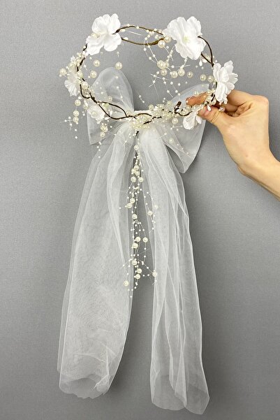 Bride Aksesuar Dünyası Nedime Tacı Beyaz Uzun Fiyonklu Ortanca Çiçekli Özel Tasarım Gelin Kına Dış Çekim Tacı