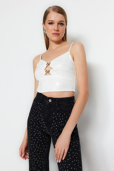 Trendyol Collection Ecru Crop Lined Sequin Bridal Blouse with Window/Cut Out Detail and Accessories TPRSS23BZ00030