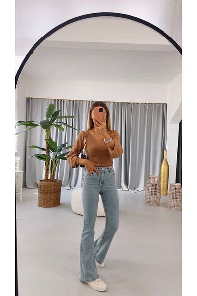 LİMABEL Arya Spanish Spaghetti Jeans Colorfast Blue Snow Wash Spanish Jeans High Waist Jeans