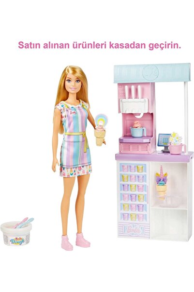 Barbie Dondurma Dükkanı Oyun Seti, 30 Cm Sarışın Bebek, 2 Kutu Oyun Hamuru, 2 Kase, 2 Külah, 3 Dekor