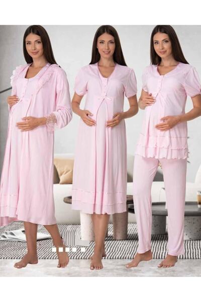 by İGP Effortt Kadın Pembe Hamile Lohusa Sabahlıklı Gecelik Pijama Takımı 4 L...