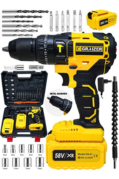 Graizer 42 V 5 Ah 13 Mm Metal Mandren Darbeli Çift Akülü Vidalama Matkap + 27 Parça Pro Set Sarı