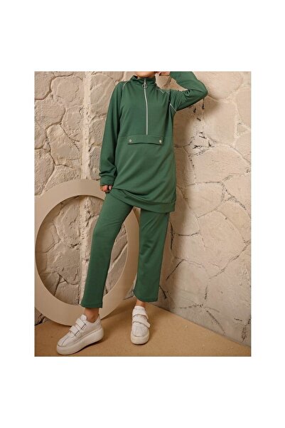 Genel Markalar Kadın Mevsimlik Yakası Fermuarlı Dalgıç Kumaş Eşofman Takımı Yeşil