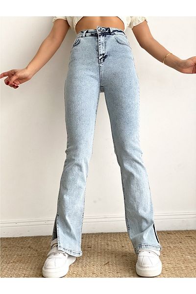 Ramrod Pantaloni de blugi pentru femei Power Lycra Ice Snow, cu talie înaltă, cu fantă laterală