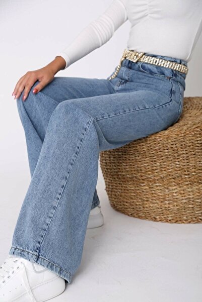 Livik Women's Lady Blue Lycra Wide Leg Jean - Loose Denim Trousers