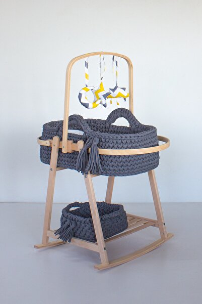 Babycom Naturel Izgaralı Ahşap Çemberli Beşik Standı + Koyu Gri Örgü Sepet + ...