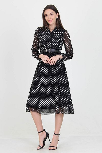 Neşeli Butik Rochie de damă din șifon cu buline și guler de cămașă cu curea și nasturi Rssn01