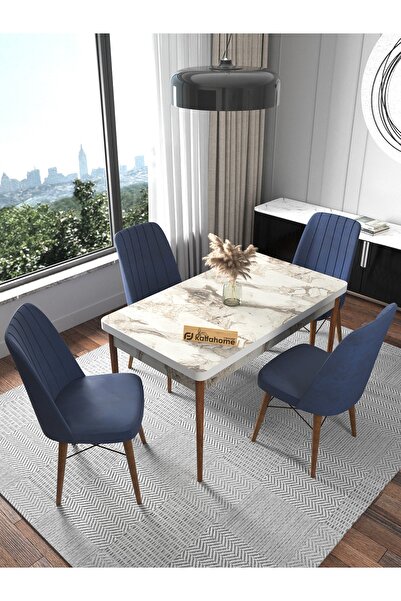Kaffahome Efes 70x110 Yemek Masası Takımı Mutfak Masası Takımı Sabit Masa 4 Sandalyeli - Lacivert