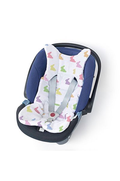 DEUX LAPINS Rainbow Lapin - 100% Cotton Muslin Stroller and Car Seat Cushion, Multicolored Rabbits
