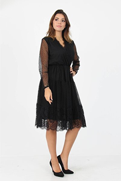 Neşeli Butik Γυναικεία μαύρη τούλινη φούστα με διπλό γιακά με δαντέλα Λεπτομερή φόρεμα νέας σεζόν Apcx39